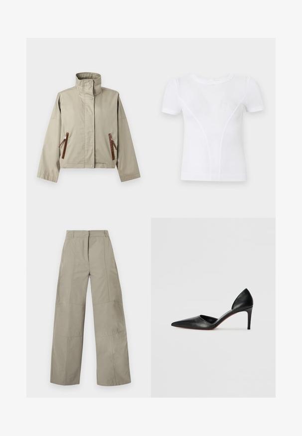 Beige jakke med høj krave, lange ærmer og to forlommer med lynlås, fremhævet med brune lædertræk, vist på en ensfarvet baggrund.; Hvid kortærmet ribstrikket t-shirt med rund hals og diskrete buede sømdetaljer på forsiden.; Beige bukser med vide ben, højtaljede, bæltestropper, detaljer med sømme foran og skjult lukning foran.; Sorte læder højhælede pumps med spidse tæer, åbne sider og en slank silhuet. Har en tynd hæl og rød sål som accent.