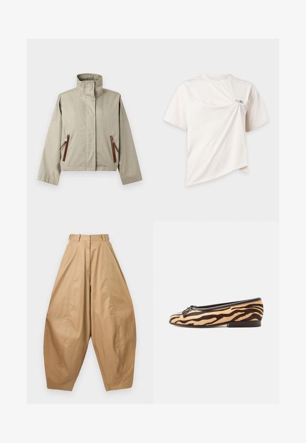 Veste beige à col montant avec manches longues et deux poches avant zippées, assorties de tirettes en cuir marron, présentée sur un fond uni.; T-shirt à manches courtes de couleur écrue avec un détail torsadé à l'avant et une petite étiquette rectangulaire près de l'épaule gauche.; Pantalons beiges taille haute, jambes larges avec des plis, passants de ceinture et ourlets fuselés, présentés sur un fond blanc.; Chaussure de ballet plate avec motif rayures de tigre, bordure noire, petit nœud sur le devant et talon bas empilé sur fond blanc.