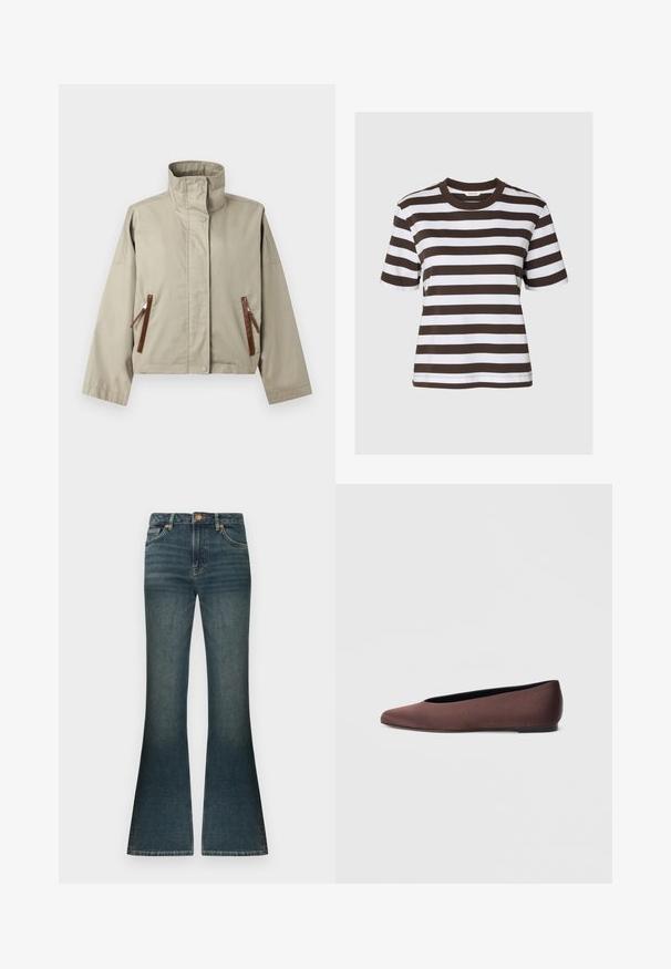 Beige Jacke mit hohem Kragen, langen Ärmeln und zwei vorderen Reißverschlusstaschen, akzentuiert mit braunen Lederzügen, dargestellt auf einfarbigem Hintergrund.; Kurzärmeliges T-Shirt mit breiten horizontalen dunkelbraunen und weißen Streifen und rundem Halsausschnitt auf einfarbigem Hintergrund.; Dunkelblaue, ausgestellte Jeans aus Denim mit dezenten hellen Verfärbungen, normaler Bundhöhe und klassischem Fünf-Taschen-Design. Akzente in kupferfarbener Hardware.; Braune Ballettschuhe aus Stoff mit spitz zulaufender Spitze und glatter Textur, ausgestattet mit einem niedrigen Rückenteil und einer dünnen schwarzen Sohle. Keine sichtbaren Muster oder Verzierungen.