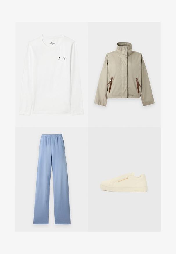 Beige jas met hoge kraag, lange mouwen en twee voorzakken met rits afgezet met bruine leren trekkers, afgebeeld op een effen achtergrond.; Witte longsleeve met ronde hals, met een klein zwart gedrukt logo 'A/X' op de borst. Gladde stof en klassieke snit.; Lichtblauwe wijde broek met elastische tailleband, plat liggend weergegeven tegen een witte achtergrond.; Creme slip-on sneakers met een gladde textuur, voorzien van een verhoogd logo accent en een minimalistisch ontwerp. Dikke rubberen zool voor ondersteuning.