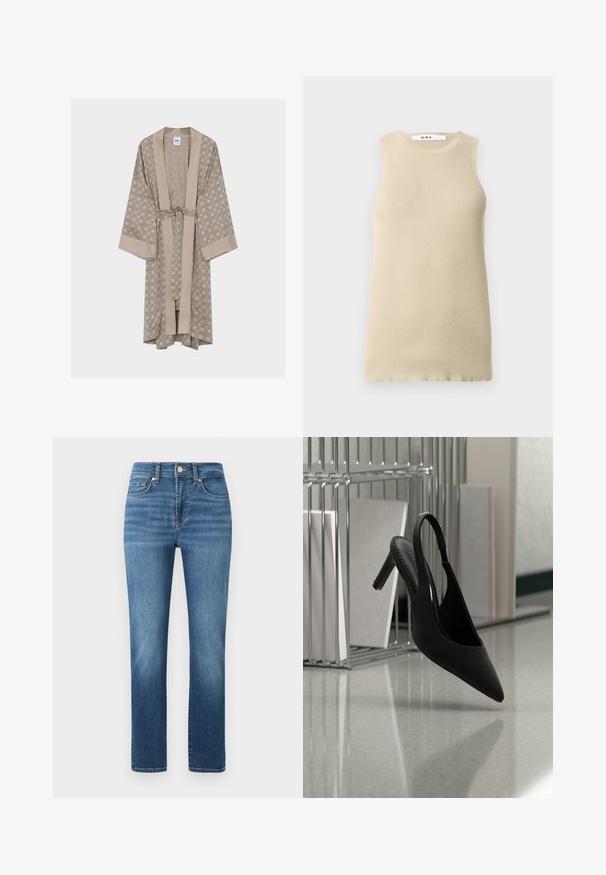 Beigenvärinen kimonomallinen aamutakki, jossa on geometrisia kuvioita, leveät hihat, shawl-kaulus ja irrotettava vyö, joka on sidottu vyötärölle.; Beige ribbattu toppi ilman hihoja, jossa on pyöreä kaula-aukko, tiukka istuvuus ja sileä tekstuuri, ideaalinen kerrospukeutumiseen tai lämpimille säille.; Kesäiset siniset farkut suoranlahkeisella muotoilulla, jossa on nappikiinnitys, viisi taskua ja vaaleat haalistumat kankaassa.; Musta, kärjestään kärkäs, slingback-tyylinen korkokenkä leijuu ilmassa kiiltävän lattian yllä, taustalla pino kansioita.