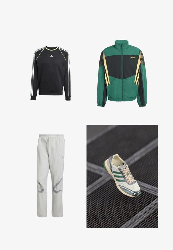Groen-zwarte jas met gouden accenten, voorzien van een hoge kraag, ritssluiting en zijzakken. Gemaakt van lichtgewicht, gestructureerd materiaal.; Zwarte sweatshirt met een witte drie-strepenontwerp op de mouwen en limoengroene accenten. Heeft een ronde halslijn en een klein logo op de borst.; Lichtgrijze geweven broek met een elastische tailleband en abstracte grauwe patronen aan de zijkanten. Heeft een losse, rechte pijpdesign.; Witte en groene mesh sneaker met beige veters die boven een donker metalen roostervloer zweeft.