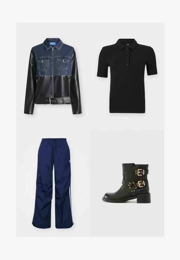 Jas met donkerblauw denim bovenstuk, twee borstzakken, zwart lederen onderlichaam en mouwen, rits aan de voorkant en verstelbare riem aan de zoom.; Zwart, geribd poloshirt met korte mouwen, voorzien van vier knopen en een omgeslagen kraag, plat gelegd op een witte achtergrond.; Navyblauwe, lichtgewicht broek met elastische taille en trekkoord, voorzien van witte zijstrepen en een klein logo aan de voorkant. Losse pasvorm.; RAID Cowboy-/Bikerlaarsjes - black