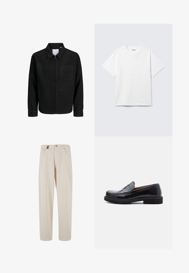 Sort lynlåsjakke med krave og en enkelt brystlomme, vist på hvid baggrund.; Hvid kortærmet crewneck T-shirt lagt fladt ud, ensfarvet design, med "WEEKDAY" mærkat inde i kraven på en lys baggrund.; Beige bomuldsbukser med lige ben, der har forlommer og knaplukning. Glat tekstur med minimal detaljering.; Sorte læder penny loafer med chunky gummisål og moc toe syninger, vist i profil på en hvid baggrund.
