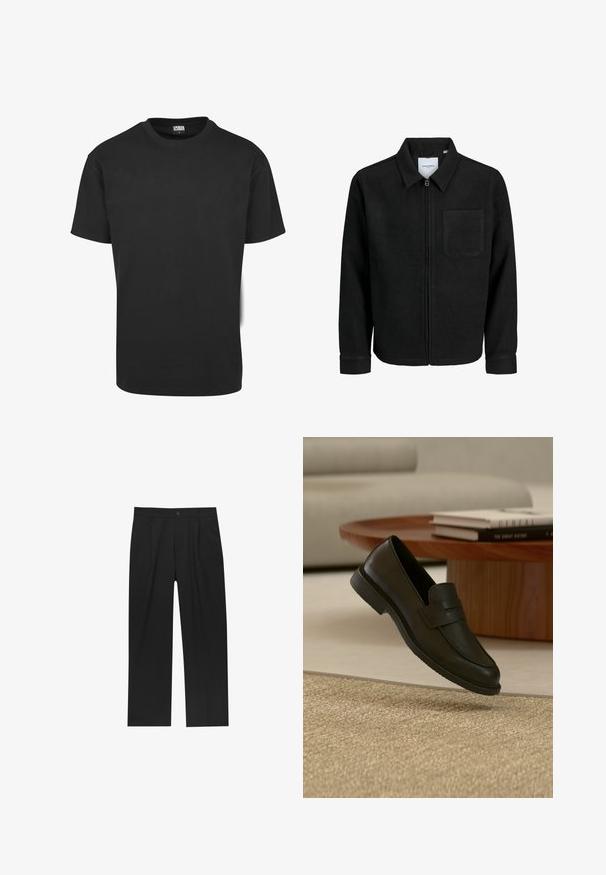 Veste zippée noire avec col et poche poitrine unique, présentée sur fond blanc.; T-shirt en coton noir à manches courtes, col rond et coupe standard. Le tissu semble lisse et sans décoration.; Pantalons noirs au design droit, fabriqués à partir d'un tissu lisse. Dotés de plis sur le devant et d'une fermeture à un bouton à la taille.; Chaussure mocassin en cuir noir présentée en suspension au-dessus d'un tapis beige tissé, avec une table en bois et des livres empilés dans un salon doucement éclairé.