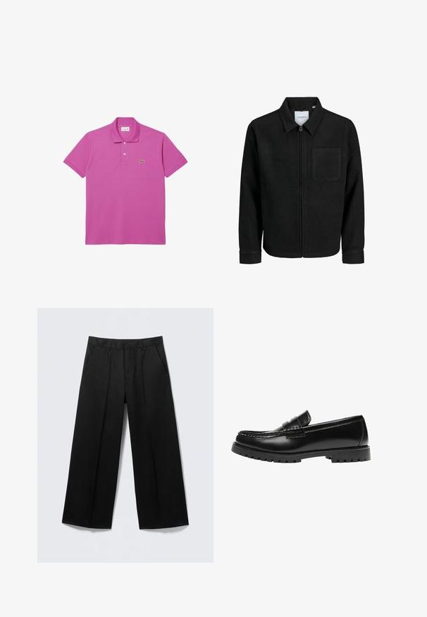 Sort lynlåsjakke med krave og en enkelt brystlomme, vist på hvid baggrund.; Pink polo skjorte lavet af bomuld med korte ærmer, ribbet krave og to-knaps lukning. Har et grønt Lacoste-logo på brystet.; Sorte vidde-bukser med bæltestropper, forlommer og lynlås foran, vist på en lysegrå baggrund.; Sort læderloafer med en kraftig gummisål og klassiske penny-strap detaljer, vist fra ydersiden.
