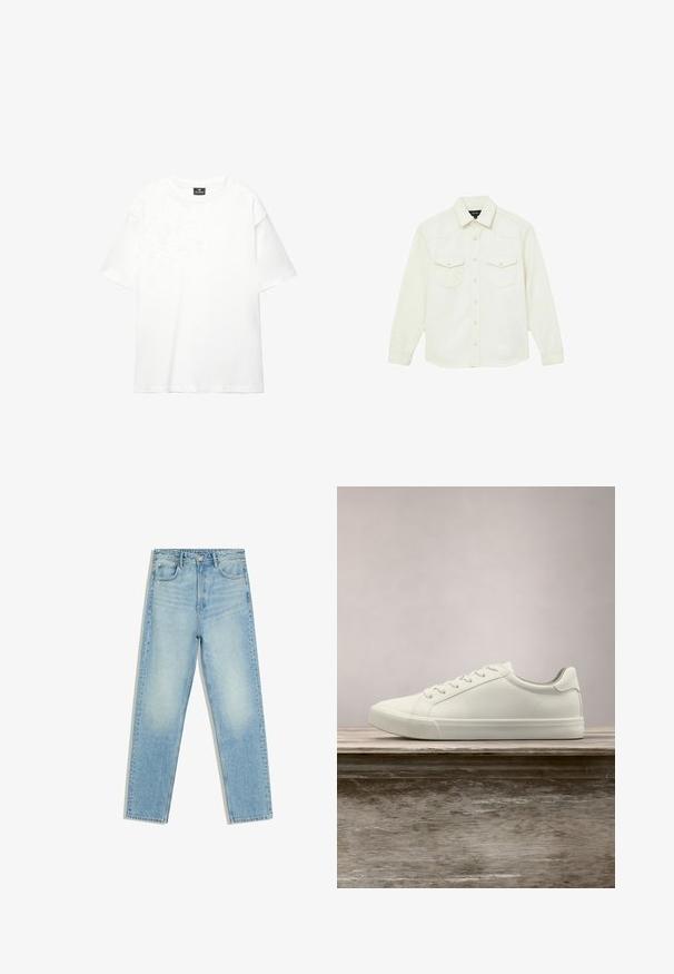 Chemise crème à manches longues avec boutons pression à l’avant, deux poches poitrine à rabat et un col, présentée à plat sur fond blanc.; T-shirt blanc surdimensionné en coton doux et lisse ; présente des manches courtes, un col rond et un design simple et épuré.; Jean en denim bleu clair taille haute à jambes droites avec poches avant et arrière et fermeture par boutons sur fond blanc.; Sneaker en dentelle blanche flottant au-dessus d'un banc en bois avec un feuillage vert en arrière-plan, mettant en valeur le design et la texture de la chaussure.