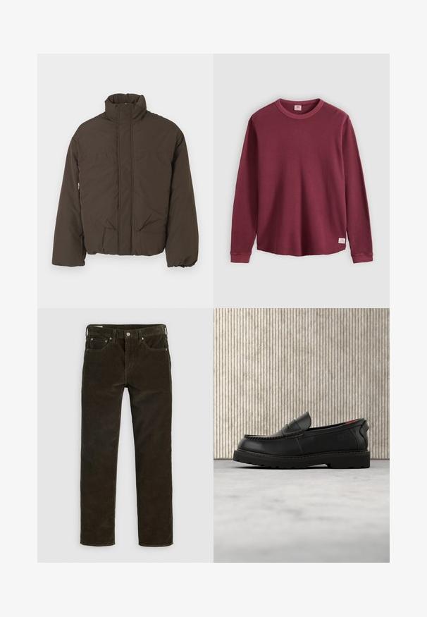 Bruine pufferjack met een hoge kraag, een voorrits, twee zijzakken en een gestikte textuur. Ontworpen voor warmte en comfort.; Langarm shirt met ronde hals, geribbeld, bordeauxrood, met omgeslagen mouwen en een klein wit Levi's-label aan de onderzoom, op een effen achtergrond.; Bruine corduroy broek met een recht gesneden pasvorm, vijf zakken, zichtbare stiksels en een gestructureerde stofafwerking. Metalen knoopsluiting aan de taille.; Zwarte leren loafer met robuuste zool en rood binnenwerk, zwevend boven een beige tapijt en nabij houten meubels.