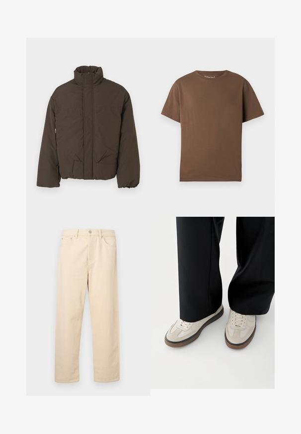 Bruine pufferjack met een hoge kraag, een voorrits, twee zijzakken en een gestikte textuur. Ontworpen voor warmte en comfort.; Bruin katoenen T-shirt met een losse pasvorm, korte mouwen en een ronde hals.; Beige jeans met rechte pijpen, een knoop- en ritssluiting, riemlussen en steekzakken aan de voorkant, afgebeeld op een effen achtergrond.; Voeten met beige sneakers met bruine zolen en zwarte wijde broekspijpen op een witte achtergrond.
