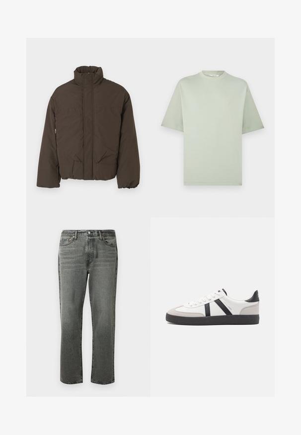Brun puffjakke med høj krave, frontlynlås, to sidelommer og quiltet tekstur. Designet til varme og komfort.; Lysegrøn crewneck T-shirt med korte ærmer og afslappet pasform mod en hvid baggrund.; Affarvet sorte lige bukser med frontknap, lynlås, bæltesløjfer og fem-lomme design.; Hvide sneakers med sorte og grå detaljer, med en tekstureret grå tåhætte, sort gummisål og flade hvide snørebånd. Rent design, minimalistisk stil.