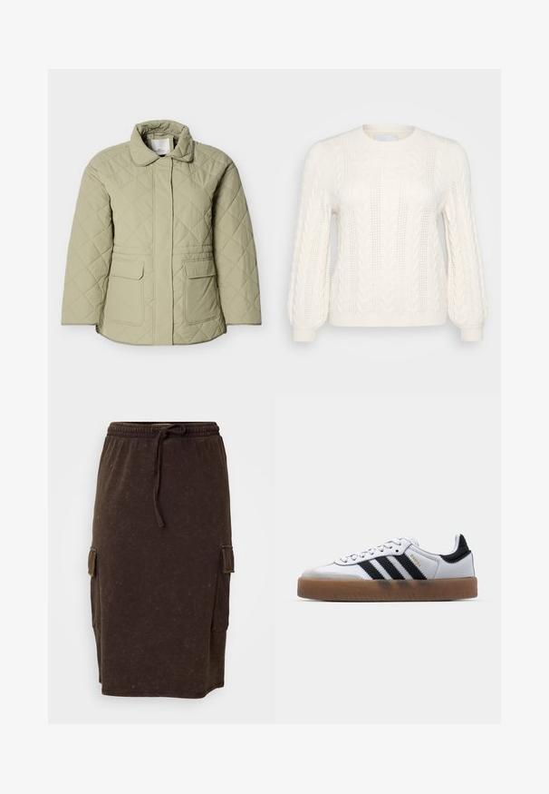 Lysegrøn quiltet jakke med krave, to forlommer og lige snit. Fremstillet af et glat, let skinnende materiale.; Hvid kabelstrikket sweater med lange ærmer, rundt halsudskæring, struktureret mønster og ribbede manchetter. Letvægtsmateriale med dekorative detaljer.; Brun bomuldsblandings midi-nederdel med elastisk talje og snor. Sidelommer i cargo-stil og en afslappet pasform. Diskret tekstur.; Hvide lædersneakers med sorte striber, gummirubber sål, rund tå, snørelukning og blød grå ruskinds tåhætte.