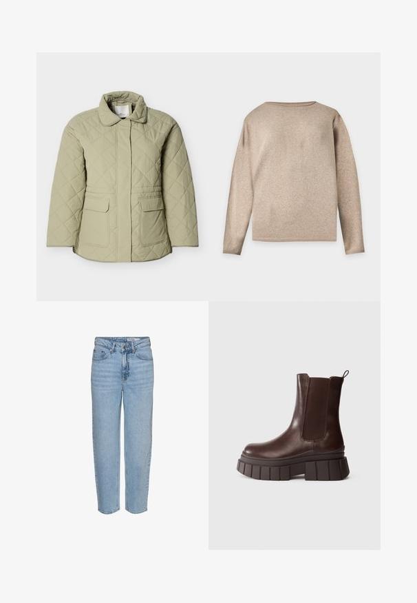 Lysegrøn quiltet jakke med krave, to forlommer og lige snit. Fremstillet af et glat, let skinnende materiale.; Beige langærmet strikket trøje med rund halsudskæring og ribstrikkede manchetter og kant, vist på en ensfarvet lys baggrund.; Lyseblå denimjeans med høj talje, afslappet pasform og lige ben. Har en knaplukning og let falmet effekt på stoffet.; Mørkebrune læderankelstøvler med en tyk, klodset sål og elastiske sidepaneler, placeret mod en ensfarvet hvid baggrund.