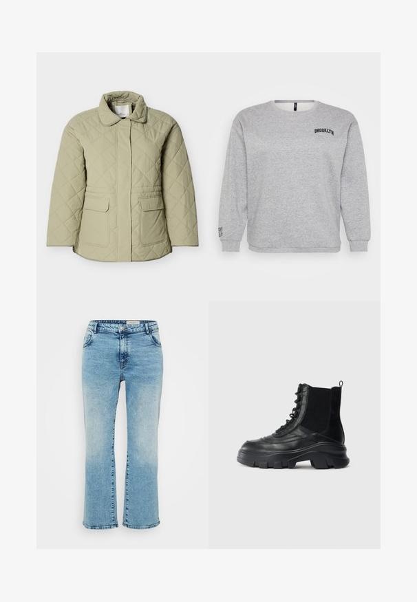 Hellgrüne gesteppte Jacke mit Kragen, zwei Vordertaschen und geradem Schnitt. Hergestellt aus einem glatten, leicht glänzenden Material.; Grauer Sweatshirt mit langen Ärmeln, einem Rundhalsausschnitt und "BROOKLYN" auf der Brust gestickt. Rippbündchen an Ärmeln und Saum sorgen für Struktur.; Hellblaue Denim-Jeans mit geradem Schnitt, Knopfverschluss, fünf Taschen und dezentem Ausbleichen an den Knien.; Schwarzer Lederkampfstiefel mit dickem Profilsohle, seitlichem Elastikpanel, Schnürung auf der Vorderseite und Zugschlaufe vor einem schlichten weißen Hintergrund.