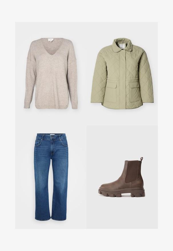 Hellgrüne gesteppte Jacke mit Kragen, zwei Vordertaschen und geradem Schnitt. Hergestellt aus einem glatten, leicht glänzenden Material.; Beige V-Ausschnitt Pullover aus weichem Strickmaterial, mit entspanntem Schnitt, überschnittenen Schultern und gerippten Bündchen und Saum.; Weite Jeans aus dunkelblauem Denim. Mit fünf Taschen, Gürtelschlaufen und schwachem Verblassen entlang der Beine. Glatte Textur mit normaler Passform.; Braune Knöchelstiefel aus strukturiertem Material mit elastischen Seiteneinsätzen, Zugschlaufe und einer stabilen Profilsohle für besseren Halt.