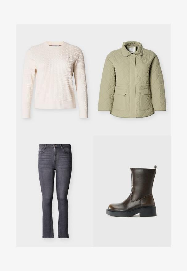 Veste matelassée vert clair avec col, deux poches frontales et coupe droite. Conçue dans un matériau lisse et légèrement brillant.; Pull en maille torsadée couleur crème avec manches longues et col rond, avec un petit logo brodé sur la poitrine.; Jean slim en denim gris avec cinq poches, fermeture par bouton et zipper à l'avant, présentant des détails subtils d'effilochage et de couture.; Botte en cuir marron foncé jusqu'au mollet avec un bout rond, épaisse semelle noire, petit talon block, et une languette à l'arrière.