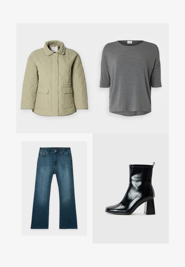 Hellgrüne gesteppte Jacke mit Kragen, zwei Vordertaschen und geradem Schnitt. Hergestellt aus einem glatten, leicht glänzenden Material.; Graues Kurzarmoberteil aus weichem Material mit lockerer Passform, rundem Ausschnitt und abgerundetem Saum. Keine auffälligen Muster oder Akzente.; Blaue Jeans mit geradem Bein, vorderen und hinteren Taschen, Knopf- und Reißverschluss und dezenten verblassten Details an Oberschenkeln und Knien.; Schwarze Lack-Ankle-Boots mit quadratischer Zehenform und klobigem geometrischem Absatz. Sie verfügen über eine glatte, glänzende Textur und eine Zuglasche an der Rückseite für einfaches Anziehen.