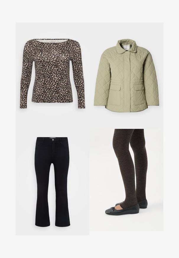 Lysegrøn quiltet jakke med krave, to forlommer og lige snit. Fremstillet af et glat, let skinnende materiale.; Langærmet top i let stof med en beige bundfarve og sort leopardprintmønster samt en bred, rund halsudskæring.; ONLY Carmakoma Flared fit CARTHUNDER Mid waist - Flared jeans - black denim; Ben iført mørke ribbede leggings kombineret med sorte balletsko med små sløjfedetaljer på hvid baggrund.