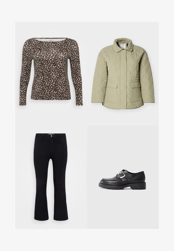 Lysegrøn quiltet jakke med krave, to forlommer og lige snit. Fremstillet af et glat, let skinnende materiale.; Langærmet top i let stof med en beige bundfarve og sort leopardprintmønster samt en bred, rund halsudskæring.; ONLY Carmakoma Flared fit CARTHUNDER Mid waist - Flared jeans - black denim; Sorte lædersko med en rund tå, der har en sidebuckle-detalje og en tyk, robust sål. Glat tekstur med minimal syning.