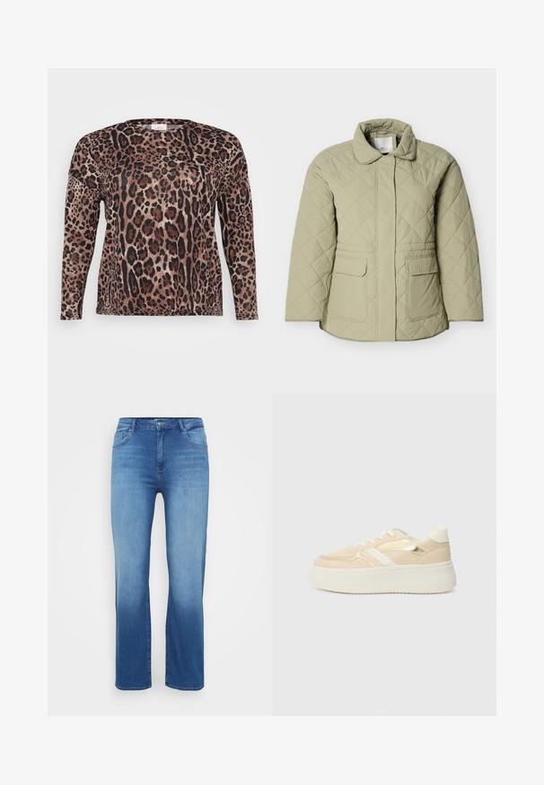Lysegrøn quiltet jakke med krave, to forlommer og lige snit. Fremstillet af et glat, let skinnende materiale.; Langærmet skjorte med leopardprint i nuancer af brun, sort og beige. Blød tekstur med en afslappet pasform.; Lysblå denimjeans med lige snit, fem-lomme design og en slidt effekt ved kanten. Knaplukning i taljen.; Beige platform sneakers med en hvid sål. Udstyret med metalisk guld accents og en glat tekstur. Snørebåndsdesign med en rund tå.
