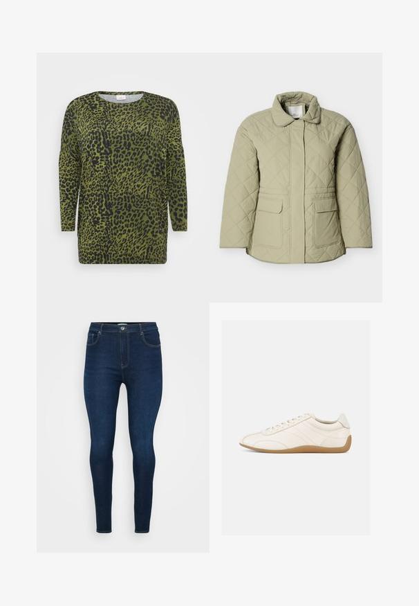 Hellgrüne gesteppte Jacke mit Kragen, zwei Vordertaschen und geradem Schnitt. Hergestellt aus einem glatten, leicht glänzenden Material.; Oberteil mit Leopardenmuster, langen Ärmeln, grünem Hintergrund und schwarzen Flecken. Rundhalsausschnitt und weicher Stoff mit lockerer Passform.; Dunkelblaue Jeans aus Denim mit einer taillierten Passform, mittelhohem Bund, fünf Taschen und kontrastierenden Nähten entlang der Nähte und Taschen.; Weißer Ledersneaker mit glatter Textur, abgerundetem Zehenbereich und tonalen Nähten. Verfügt über eine braune Gummisohle und eine Schnürverschluss.