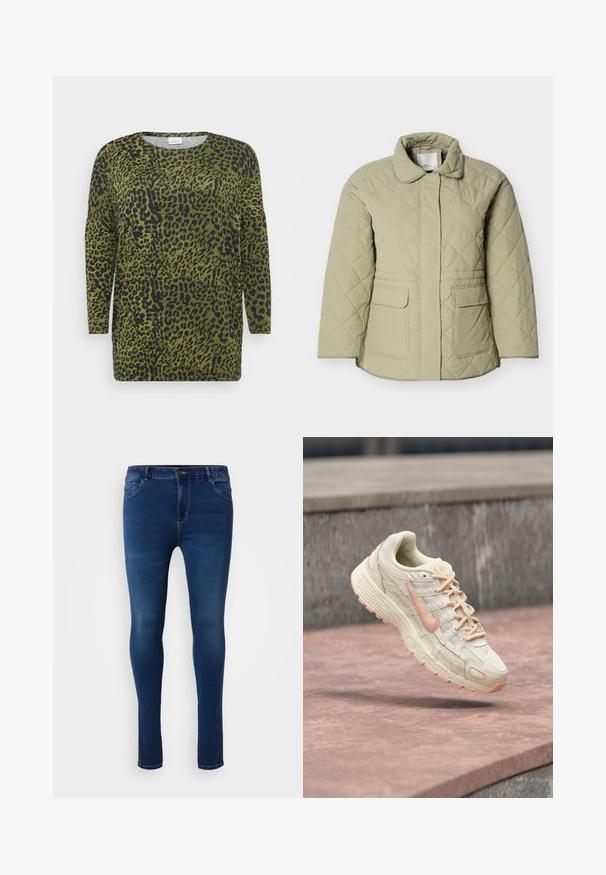 Hellgrüne gesteppte Jacke mit Kragen, zwei Vordertaschen und geradem Schnitt. Hergestellt aus einem glatten, leicht glänzenden Material.; Oberteil mit Leopardenmuster, langen Ärmeln, grünem Hintergrund und schwarzen Flecken. Rundhalsausschnitt und weicher Stoff mit lockerer Passform.; Schmale blaue Jeans aus Denim, ausgestattet mit fünf Taschen, einem Knopfverschluss und kontrastierenden Nähten an den Säumen. Glatte Textur und slim Fit.; Cremefarbener und pfirsichfarbener Nike-Sneaker mit strukturierter Sohle und Schnürsenkeln, in der Luft schwebend über einer Steinoberfläche vor einem Betonhintergrund aufgenommen.