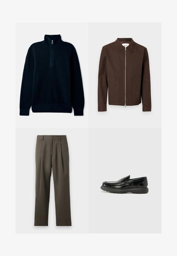 Brown long-sleeve jacket with two front pockets, silver zipper closure, and pointed collar hanging against white background.; Navy blue high neck pullover with a half zipper, made of ribbed texture fabric and featuring long sleeves and a straight hem.; Trousers in dark olive green, tailored fit, pleated front, lightweight fabric, straight leg design, with a smooth texture and no visible embellishments.; Black leather loafer with a glossy finish, rounded toe, subtle stitching details, and a thick rubber sole for durability.