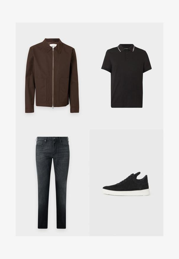 Braune Jacke mit langen Ärmeln, zwei Fronttaschen, silbernem Reißverschluss und spitzem Kragen, die vor weißem Hintergrund hängt.; Schwarzes Poloshirt mit kurzen Ärmeln, drei Knöpfen und weißem Paspel entlang des Kragenrandes, schlichtes Design mit dezentem Text am Kragen.; Schwarz gerade geschnittene Denim-Jeans mit vorderen Taschen, Gürtelschlaufen und Knopfverschluss, vor einfarbigem Hintergrund präsentiert.; Schwarze Wildleder-Sneaker mit einer weißen Gummisohle, die sich durch elegante Nähte und ein schnürbares Design auszeichnen. Glatte Textur mit einer modernen, stromlinienförmigen Form.