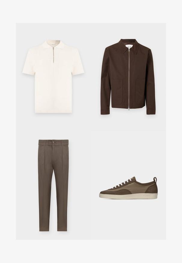 Veste marron à manches longues avec deux poches avant, fermeture éclair argentée et col pointu suspendue sur fond blanc.; Polo blanc texturé à manches courtes avec col et fermeture éclair à l'avant, présenté sur un fond uni.; Pantalon marron pour homme, coupe fuselée, avec plis, passants pour ceinture, fermeture à boutons et poches latérales sur fond blanc.; Baskets basses marron à profil bas avec lacets blancs, semelle beige, dessus en tissu et daim, languette latérale et logo "Tiger of Sweden" en texte doré.
