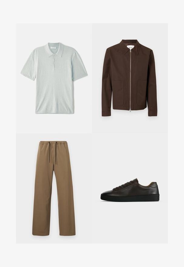 Braune Jacke mit langen Ärmeln, zwei Fronttaschen, silbernem Reißverschluss und spitzem Kragen, die vor weißem Hintergrund hängt.; Hellblaues Poloshirt aus weichem Stoff, mit klassischem Kragen, Drei-Knopf-Leiste und kurzen Ärmeln. Minimalistisches Design.; Braune gerade geschnittene Hose mit elastischem Bund und schwarzen Kordeln, vor einem schlichten hellen Hintergrund dargestellt.; Flach geschnittener dunkelbrauner Ledersneaker mit schwarzer Gummisohle, Schnürung vorne und schlicht-minimalistischem Design auf hellem Hintergrund.
