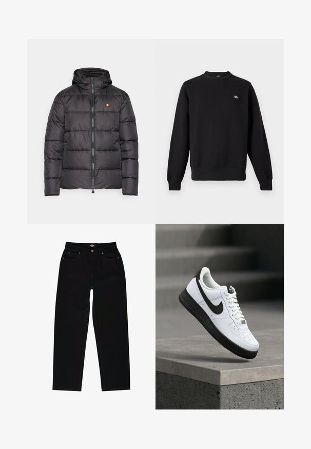 Sort pufferjakke med hætte, med vandrette quiltede sektioner og en lynlås foran. Inkluderer et lille logo på brystet.; Sort crewneck-sweatshirt med lange ærmer, ribstrikkede manchetter og kant samt et lille rektangulært logo på venstre bryst.; Sorte denim jeans med lige pasform, der har fem lommer, brun syning og lynlåslukning. Glat tekstur og holdbart materiale.; Hvid lædersneaker med sorte detaljer, rundet tå og perforerede detaljer. Sort gummisål med tekstureret mønster og snørelukning.