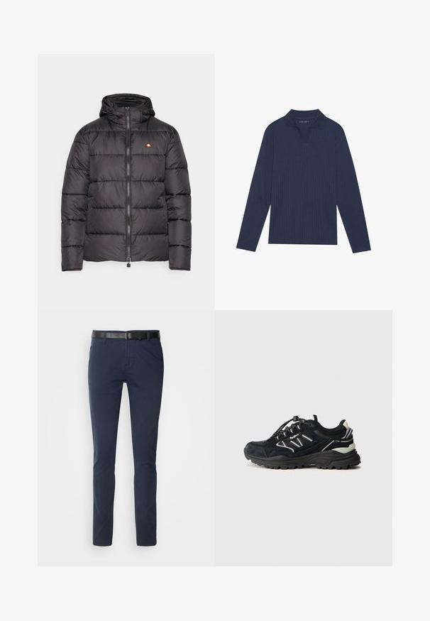 Mustelgi must puffer-jakk, millel on kapuuts, horisontaalsete tikanditega osad ja esikinnitus. Sisaldab väikest logo rinnal.; Tumesinine pikakä sleeve polo särk ribitektuuriga, voltimisega krae ja v-kaeluse avausega. Vtas väikene brändimine krael.; Tume sinised puuvillased püksid kitsas lõikes, millel on tekstureeritud must nahkrihm ja klassikalised taskud. Puhtad jooned, ilma mustriteta.; Mustat sportlikud kingad segamaterjalidest, sealhulgas seemisnahk ja võrk, elastsete paeltega, kummist haardumisega tallaga ning peegeldavate detailidega.