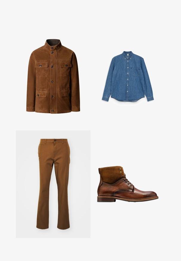 Chaqueta de ante marrón con cuello de pie, cierre frontal con botones y cuatro bolsillos con solapa y botón, mostrada desde el frente sobre fondo blanco.; Camisa de mezclilla azul de manga larga con cuello puntiagudo, botones blancos, un bolsillo en el pecho y un dobladillo recto. Textura uniforme y peso medio.; Pantalones rectos marrones de tela de mezcla de algodón, con cremallera, cierre de botón y bolsillos frontales. Textura suave, diseño casual.; Kazar ALID - Botines con cordones - brown