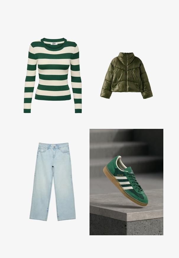 Veste courte matelassée vert olive avec col montant et fermeture éclair devant, avec des coutures diagonales matelassées et des manches longues.; Pull à rayures vertes et crème, à manches longues, en maille côtelée, avec un col rond et une coupe ajustée, présentant une texture de tricot contrastante.; Jean bleu clair à jambes larges avec poches avant, passants de ceinture et fermeture par bouton, posé à plat sur un fond blanc.; Baskets Adidas Spezial vertes avec des rayures blanches et une semelle gomme flottant au-dessus d'une surface en béton avec un escalier flou en arrière-plan.