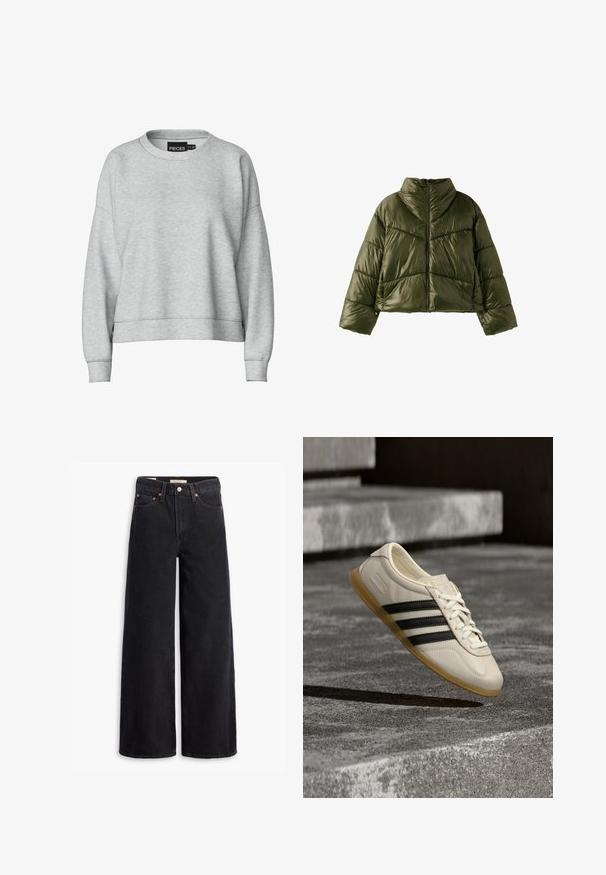 Kurze olivgrüne Steppjacke mit hohem Kragen und vorderem Reißverschluss, mit diagonalem Steppmuster und langen Ärmeln.; Grauer Sweatshirt mit Rundhals-Ausschnitt und überschnittenen Schultern. Aus weichem Stoff gefertigt, hat es einen verkürzt geschnittenen Design und gerippte Bündchen. Einfaches Etikett am Kragen.; Schwarze weite Jeans aus Denim mit fünf Taschen, Kupferrivets und einem klassischen Knopfverschluss. Glatte Textur mit einem klaren Design.; Weißer Sneaker mit schwarzen Streifen und Gummisohle schwebt über Betontreppen im sanften Tageslicht.