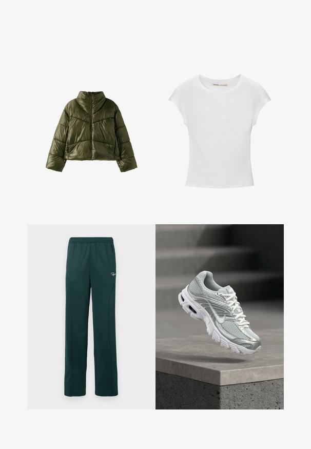Kort olivengrøn dunjakke med høj krave og lynlås foran, med skrå quiltede syninger og lange ærmer.; Hvid bomuld t-shirt med korte, opsmøgede ærmer, rund halsudskæring og lige kant. Glat tekstur uden synlige mønstre eller detaljer.; Mørkegrønne sweatpants lavet af blødt stof, med elastisk talje og sidesømme, samt et lille logo foran.; Lysegrå og hvid Nike løbesko med meshstof og tyk sål, der svæver over en betonkant mod en sløret trappebaggrund.