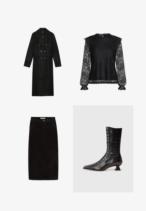 Manteau noir à double boutonnage en mélange de laine, doté de grands boutons dorés, de revers en pointe et de poches latérales. Conception à manches longues.; Top en dentelle noire avec de longues manches transparentes, motifs floraux, encolure festonnée et poignets froncés. Le corps est doublé pour opacité.; Jupe crayon en suède noir avec une texture lisse, dotée de cinq poches, d'une fermeture à bouton sur le devant et d'une coupe droite.; Bottine noire en cuir avec un bout pointu, laçage à l'avant, œillets en métal, petit talon block et un design épuré. Texture lisse, silhouette moderne.