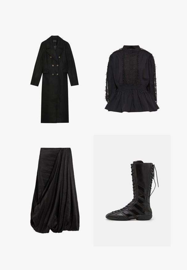 Schwarz doppelt geknöpfter Wollmischmantel mit großen, goldfarbenen Knöpfen, Reverskragen und Seitentaschen. Langärmliges Design.; Schwarze Bluse mit hohem Kragen, Knopfverschluss vorne, Spitzenverzierungen an den Ärmeln, schmaler Taille und einem ausgestellten Saum. Weicher Stoff mit strukturierten Akzenten.; Schwarzer, drapierter Rock aus einem glatten Stoff, der mit komplexen Falten und einer fließenden Silhouette überzeugt. Der Rock hat eine geraffte Taille.; Schwarze High-Top-Stiefel aus glänzendem synthetischem Material, mit einem aufwändigen Schnürdesign und diagonalen Streifenakzenten an den Seiten.