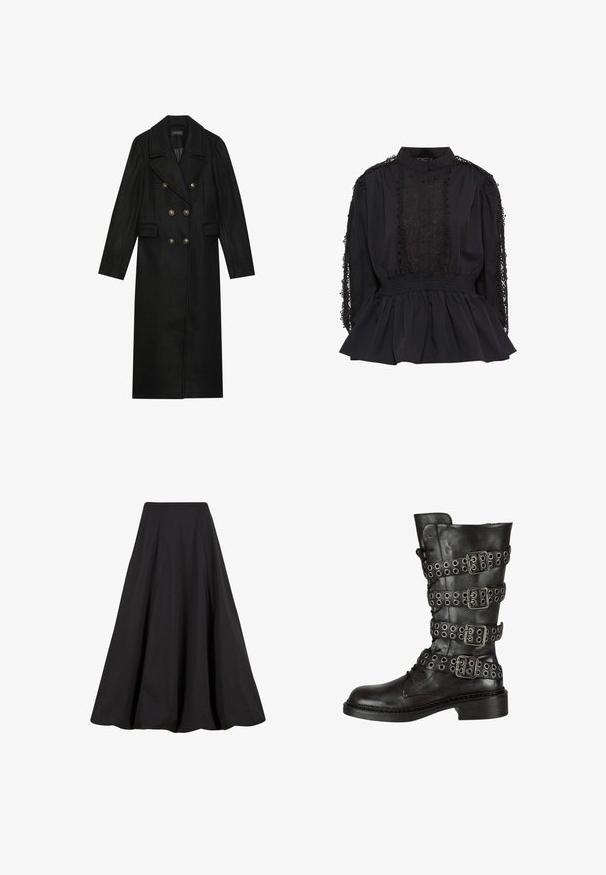 Zwarte dubbelzijdige mantel van een wolmix, met grote goudkleurige knopen, notch revers en zijzakken. Ontwerp met lange mouwen.; Zwarte blouse met hoge kraag, knoopsluiting aan de voorkant, kantdetails op de mouwen, gerimpelde taille en een uitlopende zoom. Zachte stof met textuuraccenten.; Zwarte maxi-rok van gladde stof, met plooien en een hoge taille. Het ontwerp biedt een vloeiende silhoeet en voldoende volume.; Zwarte leren kniehoge laars met meerdere zilveren gespen en ogen, met een ronde neus en een lage blokhak. Gelaagde afwerking.