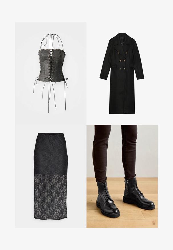 Svart dobbeltspent frakk laget av ullblanding, med store gullfargede knapper, slått krage og sidelommer. Langermet design.; Jaded London LONGLINE LACE UP HALTER CORSET - Topper - black; Pieces PCNACY LACE ANKLE SKIRT - Blyantskjørt - black; Sorte lær ankelstøvler med brogue-detaljer, snøring foran, sideglidelåser og teksturerte gummisåler. Kombinert med mørke slim-fit bukser.