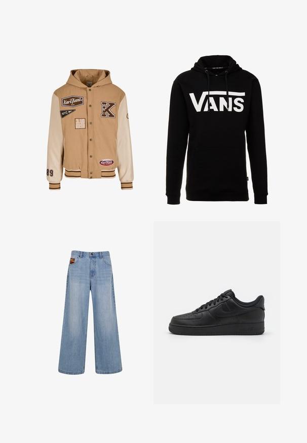 Chaqueta varsity en tonos beige y marrón claro con capucha, botones a presión, puños con rayas y parches con las palabras Karl Kani, NYC y el número 89 en la manga.; Sudadera de algodón negra con un gran logo blanco de "VANS", bolsillo frontal tipo canguro y capucha ajustable con cordón. Textura suave y corte clásico.; Jeans de pierna ancha en azul claro con cintura alta y un pequeño detalle tejido colorido asomando del bolsillo delantero derecho.; Nike Sportswear AIR FORCE 1 07 FLYEASE - Zapatillas - black