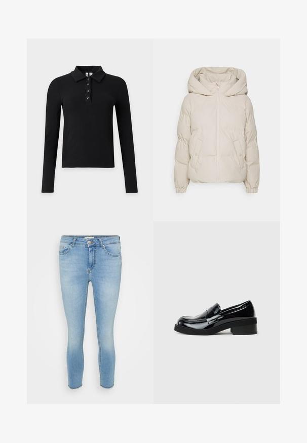Vero Moda Petite VMNOE SHORT COATED JACKET - Winterjas - oatmeal; Zwart geribd poloshirt met lange mouwen, kraag en vier metalen drukknopen op de knopenlijst.; Lichtblauwe skinny jeans van denim. Voorzien van een standaard tailleband met knoopsluiting en rafelige zomen bij de enkels. Versleten details aanwezig.; Zwarte lakleren instappers met een ronde neus, lage blokhak en een gladde, glanzende afwerking. Beschikt over een decoratieve band aan de voorkant.