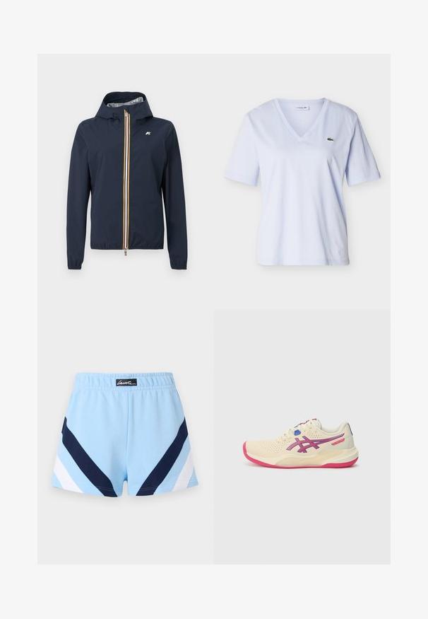 Marineblauw jack met capuchon, elastische manchetten, verticale ritssluiting aan de voorkant met witte, gele en oranje strepen, en een klein logo op de borst.; Lichtblauw T-shirt met V-hals en korte mouwen, met een klein groen krokodillenlogo op de linkerborst, afgebeeld op een effen achtergrond.; Lichtblauwe sportshorts met marineblauwe en witte chevronstrepen en een elastische tailleband met een zwart label met witte tekst.; Crèmekleurige sportschoen met een roze zool, blauwe en paarse accenten, perforeerde bovenkant en een afgeronde neus.