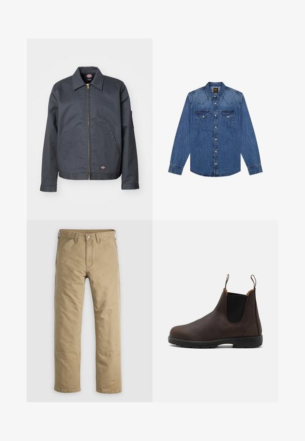 Veste gris foncé en tissu robuste. Dotée d'un col, d'une fermeture éclair à l'avant, de poches latérales et d'un petit logo sur le bas de l'avant. Texture lisse.; Chemise en denim bleu à manches longues avec boutons, deux poches poitrine et couture de yoke pointue, marquée d'une petite étiquette Lee sur la poche droite.; Pantalon en coton kaki avec un design à jambe droite, poches avant et fermeture par bouton. Texture lisse et coutures renforcées pour une durabilité accrue.; Bottines en cuir brun avec des panneaux élastiques sur les côtés et des boucles, présentant une surface texturée et une semelle en caoutchouc noir durable.