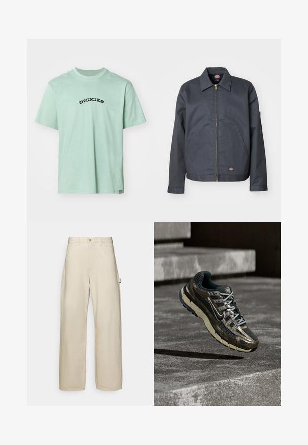 Chaqueta gris oscuro hecha de un tejido resistente. Presenta un cuello, cremallera frontal, bolsillos laterales y un pequeño logotipo en la parte baja delantera. Textura suave.; Camiseta de algodón verde claro con un logo en negro en forma curva de "DICKIES" en el frente. Cuello redondo clásico y mangas cortas. Diseño minimalista.; Pantalones de pierna ancha en color beige, confeccionados en una mezcla de algodón. Cuentan con un cierre de botón, ojal para cinturón y bolsillos laterales. Textura suave.; Zapatilla de correr Nike metálica oscura y negra con suela beige flotando sobre escalones grises de hormigón.