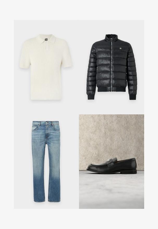 Doudoune noir avec col montant. Comprend des sections matelassées horizontales, des poches latérales zippées, ainsi que des poignets et un ourlet côtelés. Détail logo argenté.; BOSS AKOPPO - Polo - open yellow; Jean en denim bleu clair avec une coupe droite, des détails délavés, cinq poches et une fermeture avant par bouton. Coutures visibles le long des coutures.; Mocassin en cuir noir avec une plaque de marque en métal reposant près d'une table ronde marron sur un sol recouvert de moquette beige.
