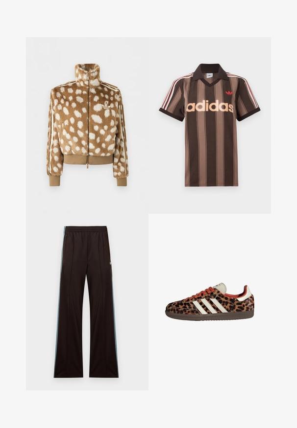 Pruuni-valge laiguline kunstkarusnahast läbi tõmblukuga jakk kõrge krae, soonikkoes varrukaotsad ja serv ning vasakul rinnal olev logo.; Pruunide triipudega Adidas polotee, V-kaelusega, bordeau krae ja punase logoga. Omad valge ja punase triibuga õlad ning lühikesed varrukad.; Mustad laiapõhjalised dressipüksid helesiniste küljeribadega, kummipaelaga vöökohal, tõmblukuga taskute ja Adidas logo vasakul puusal.; Leopardi mustriga tossud, valmistatud nubukmaterjalist, punased paelad ja kolm valget triipu külgedel. Omab kreemjat keelt ja pruunist põhja.