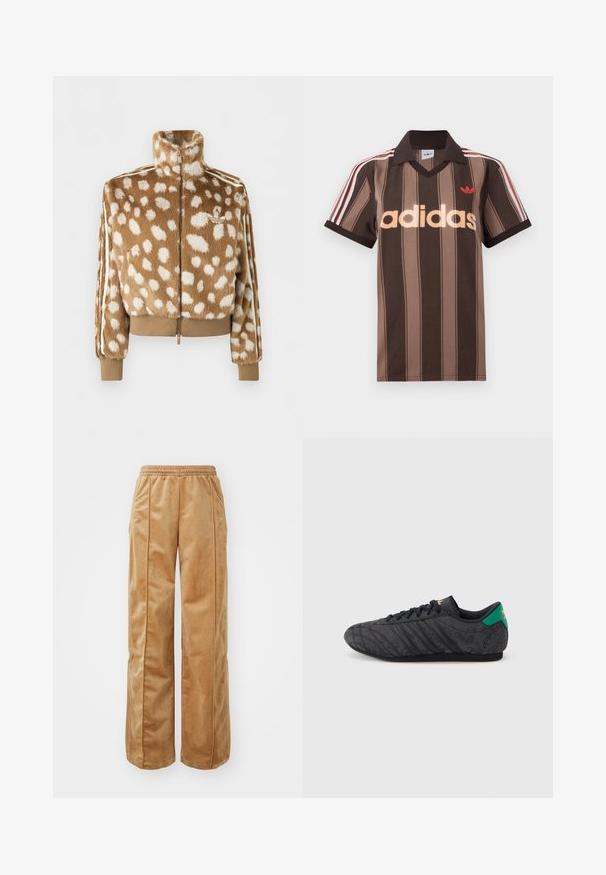 Chaqueta con cremallera de pelo sintético marrón y blanco con manchas, cuello alto, puños y dobladillo acanalados, y logo en el pecho izquierdo.; Polo Adidas marrón con rayas, cuello en V, cuello burdeos y logo rojo. Presenta rayas blancas y rojas en los hombros, mangas cortas.; Pantalones de pierna ancha en tono beige, fabricados con un material suave y aterciopelado. Cuentan con una cinturilla elástica y costuras verticales en la parte delantera para un detalle adicional.; Zapatilla negra de perfil bajo con un sutil patrón floral, cordones negros, lengüeta trasera verde y logo dorado en la lengüeta y el talón.