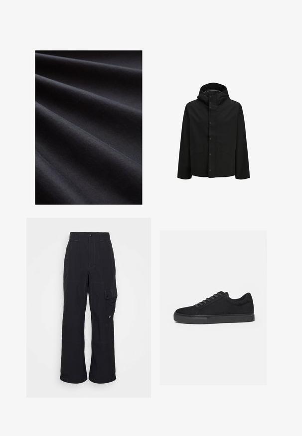 Chaqueta negra impermeable con capucha, cierre de botones a presión y dos bolsillos frontales, con un diseño simple y textura suave.; Tela negra con una textura suave, que presenta capas dobladas que crean suaves ondas, enfatizando su superficie mate y suave.; Pantalones cargo negros hechos de tejido texturizado, con un diseño de pierna ancha, costuras visibles y un bolsillo lateral con cierre a presión.; Zapatilla deportiva negra de corte bajo con cordones delanteros y suela de goma plana, mostrada de lado sobre un fondo blanco.