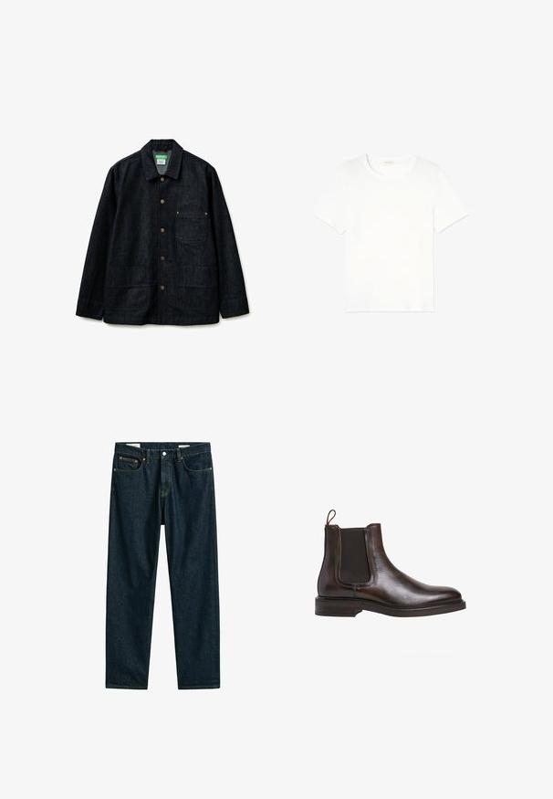 Dunkle Denimjacke mit Knopfleiste, drei Taschen, darunter eine Brusttasche mit Nieten, und einem Standardkragen.; Weißes Baumwoll-T-Shirt mit Rundhalsausschnitt, kurzen Ärmeln und lockerer Passform. Glatte Textur und minimalistisches Design, keine Muster oder Akzente.; Dunkelblaue Jeans aus Denim mit vorderem Knopf und Reißverschluss, fünf Taschen und kontrastierenden orangen Nähten.; Braune Leder-Chelsea-Boots mit elastischen Seiteneinsätzen, Schlupfgriff und niedrigem, gestapeltem Absatz. Glatte Textur und schlanke Silhouette.