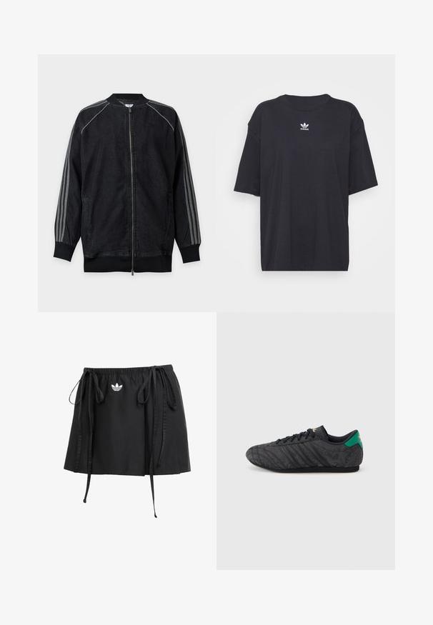 Schwarze Zip-up-Jacke mit geripptem Kragen und Bündchen, mit drei hellgrauen Streifen, die entlang der Ärmel vom Schulter bis zum Handgelenk verlaufen.; Schwarzes Baumwoll-T-Shirt mit kurzen Ärmeln, rundem Halsausschnitt, mit einem weißen Adidas-Logo auf der Brust. Einfaches Design, lockere Passform.; Schwarzer Sportrock mit verstellbaren Kordeln, mit einem kleinen weißen Logo auf der Vorderseite. Aus leichtem Stoff mit glatter Textur.; Schwarzer Sneaker mit niedrigem Profil und dezentem Blumenmuster, schwarzen Schnürsenkeln, grünem Fersenband und goldenem Logo auf Zunge und Ferse.